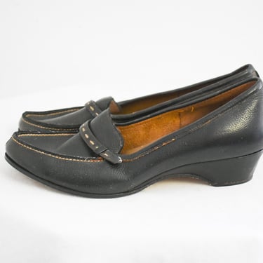 1940s/50s Penobscot's Trampeze Black Leather Wedge Loafers, Marked Size 5 1/2 B 