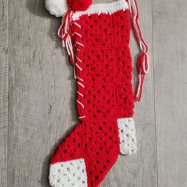 Red and White Granny Square handmade knitted Christmas stocking fireplace Mantle decorations 