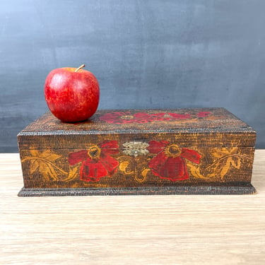 Pyrography glove box with poppies - vintage storage 
