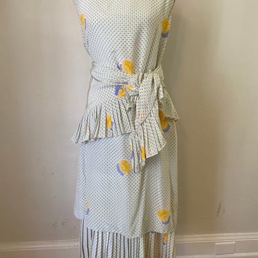 Vintage BILL BLASS 80s Silk Drop Waist Midi Dress & Scarf - Cottage Core Floral Polka Dot 2 Piece Set 
