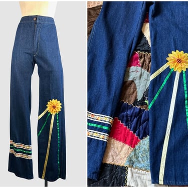 DAISY DOES IT 70s Vintage City Girl Denim Jeans w/ Applique Flowers and Ribbon | 1970s High Waist Flared Pants | Boho Hippie | Size X Small 