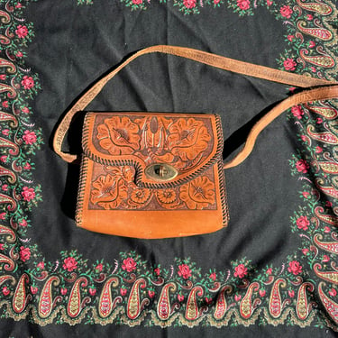 Vintage Brown Tooled Leather Mexican Western Floral Festival Handbag 