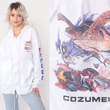 Cozumel Mexico Jacket 90s Sea Turtle Hooded Windbreaker Mexico White Zip Up Hoodie Tropical Fish Retro Hood Vintage 1990s Cotton Large 42 
