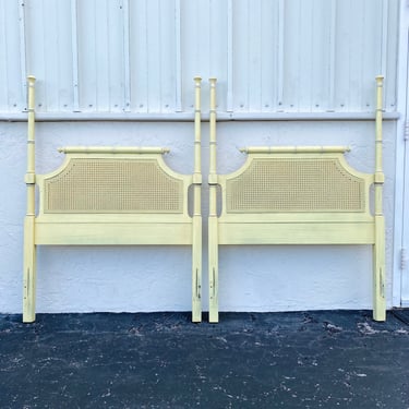 SOLD Set of 2 Twin Post Headboards by Henry Link Bali Hai - Vintage Faux Bamboo & Rattan Cane Coastal Hollywood Regency Pair 