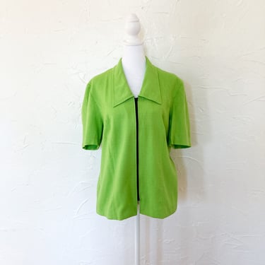 90s Lime Green And Black Zipper Front Short Sleeve Collared Blouse | Large 
