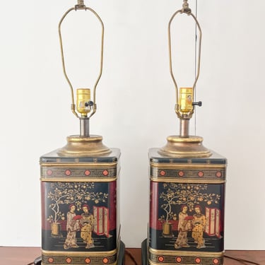 Pair of Mid Century Asian Black and Gold Tea Tin Lamps. Frederick Cooper Style Tole Table Lamps. 