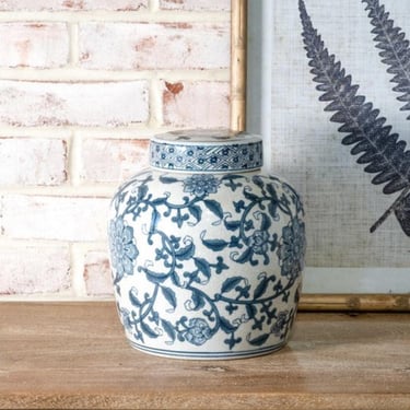 Blue Floral Ginger Jar w/ Lid, decorative pottery, office shelf decor, decorating urn, Classic Chinoiserie Style, grandmillennial 
