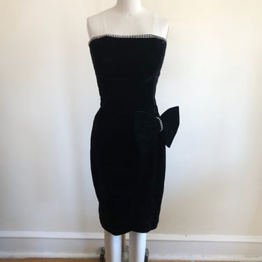 Strapless Black Velvet Mini-Dress with Rhinestone Trim and Oversized Bow - 1980s 
