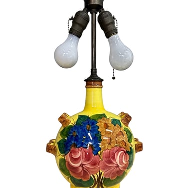 Cantagalli Renaissance Revival Majolica Lamp Yellow with Vibrant Flower Design