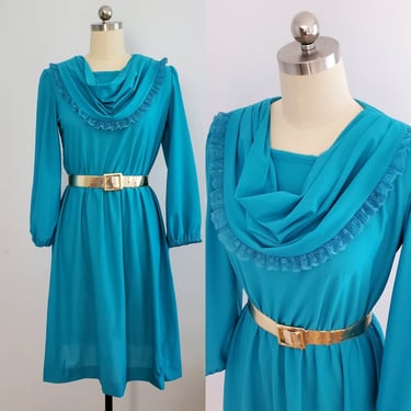 1970's Teal Peasant Dress with Ruffled Cowl -  70's Dress - 70s Women's Vintage Size Large 
