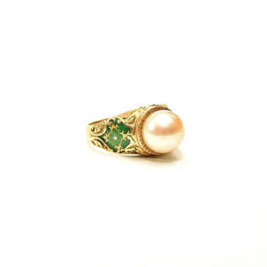Art Deco 18K Pearl Solitaire Guilloche Enamel Bombe Ring, Emerald Green Designs, Vintage Cocktail Ring, Size 6 US 