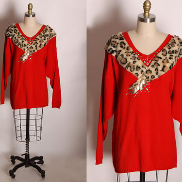 1980s Red, Gold and Leopard Print Faux Fur Long Sleeve Pullover Sweater -2XL 