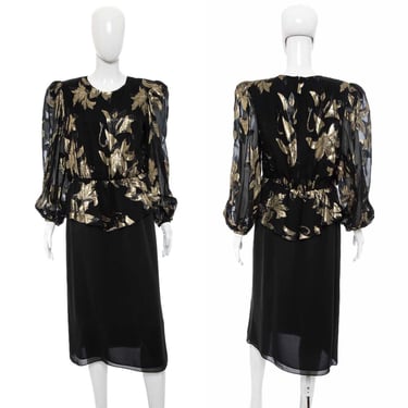1980's Patra Black Chiffon and Gold Lamé Floral Motif Dress Size M