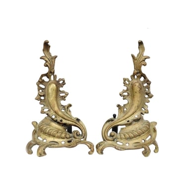 Antique French Louis XV Rococo Style Gilt Brass Fiolate Scroll Andiron Chenets Pair 19th Century 