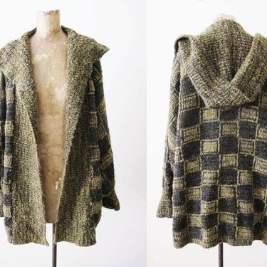 Vintage Checkered Grunge Boucle Knit Robe Cardigan M - 80s Checkerboard Gray Green Hooded Buttonless Sweater - Baggy Oversized Knitted Coat 