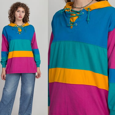 90s Colorful Striped Cotton Hoodie Shirt - Medium | Vintage Oversized Long Sleeve Hooded Lace Up Athletic Top 