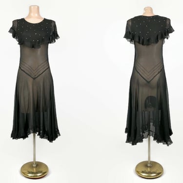 VINTAGE 1920s Art-Deco Drop Waist Sheer Black Dress With Rhinestone Collar | 20s Flapper Gatsby Party Dress | VFG 
