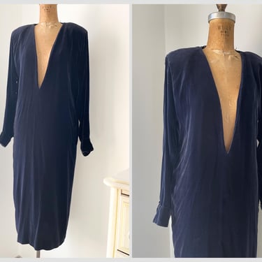 Vintage ‘80s Calvin Klein  navy blue velvet dress | deep plunge velvet dress, cocktail dress XS S Tall 