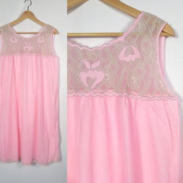 Vintage 60s Plus Size Bubblegum Pink Two Layer Babydoll Nightgown With Lace Bib Made In USA Size XL 