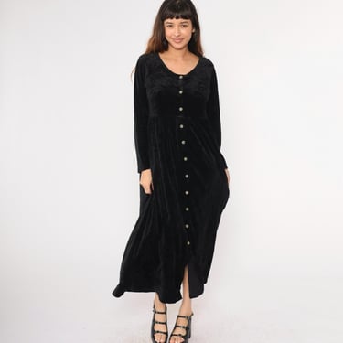 Vintage Black Velour Dress 90s Button Up Dress Long Sleeve Maxi Dress Shirtdress Plain 1990s High Waisted Scoop Neck Pockets Medium 