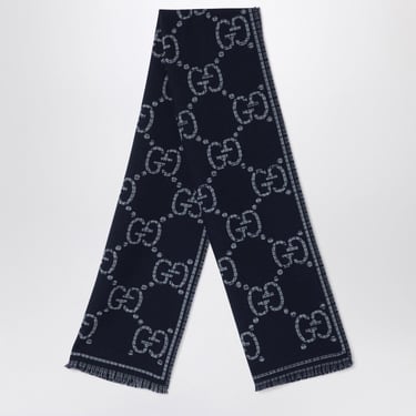 Gucci Grey/Blue Checked Gg Wool Scarf Men