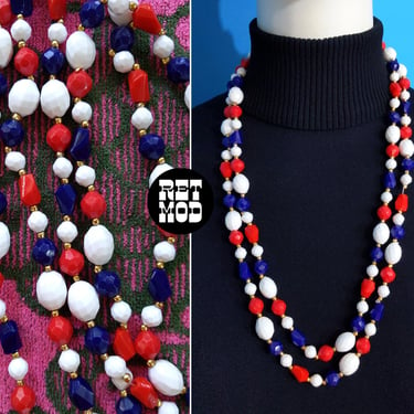 Groovy Vintage 60s 70s Red White Blue Beaded Long Necklace - Wear Long, Doubled, or Tripled 