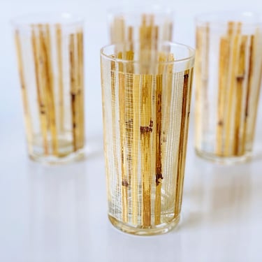 Vintage 70s retro highball cocktail glasses. Set of 4 Cera glassware bamboo tumblers. Mid-Century barware, Summer party drinkware 