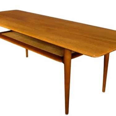 X--SOLD--VINTAGE Peter Hvidt and Orla Molgaard Teak Cocktail Table w/ Cane Shelf