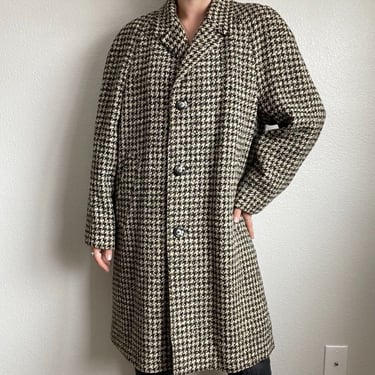 Vintage Womens 80s Black White Chunky Tweed 100% Wool Preppy Trench Coat Sz L 