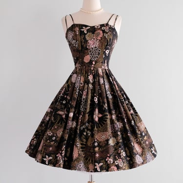 Vintage 1950's Midnight Butterfly Cotton Sun Dress / Petite Small