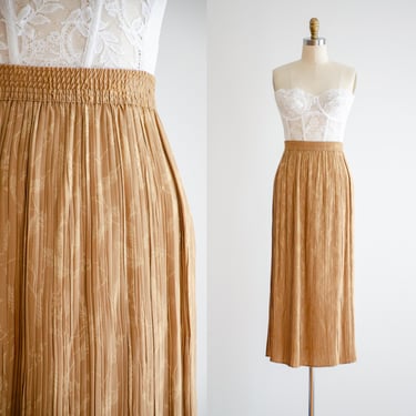 tan pleated skirt 80s 90s vintage floral jacquard broomstick maxi skirt 