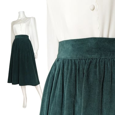 Vintage Corduroy Skirt, Large / Dark Green Flared Velvet Skirt / 1980s Midi Cottagecore Christmas Skirt 