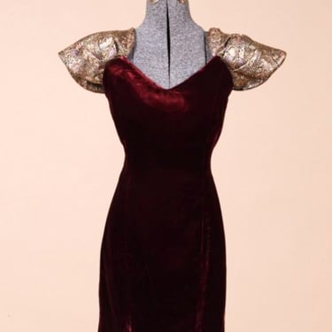 Burgundy and Gold 80s Velvet &amp; Brocade Puff Shoulder Dress, XS