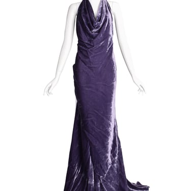 Krizia Vintage Archival Lavender Velvet Draping Halter Gown with Train