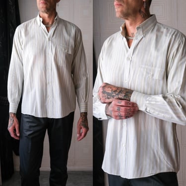Vintage 80s GIORGIO ARMANI Beige, Baby Blue & Ivory Stripe Cotton Button Up Shirt | Made in Italy | 1980s Armani Designer Mens Shirt 