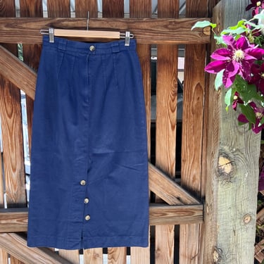 Vintage Spirit Blue 90s Pleated Button Front Slit Blue Cotton Midi Skirt 