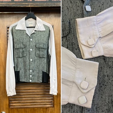 Vintage 1950’s Size L Two-Tone Rayon Gabardine Gaucho Rockabilly Shirt, 50’s Vintage Clothing 
