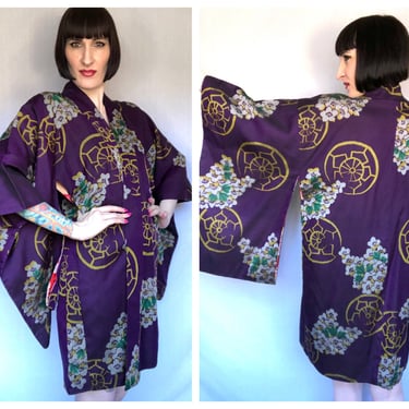 Antique 1920's Purple Floral Cotton Kimono w/ Colorful Floral Art Deco Fan Lining - size Small Medium 
