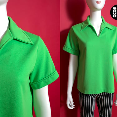 Bright Apple Green Vintage 60s 70s Collared Short Sleeve Top 