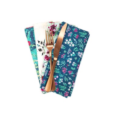 Green Floral Cotton Cloth Napkins, Set of 4 