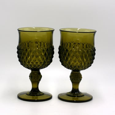 vintage Indianna Glass Diamond Point green stemmed goblets/set of two 