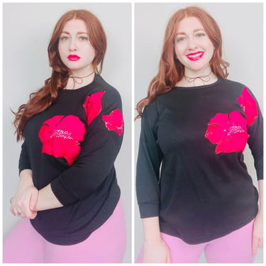 1990s Vintage Dee Da Hand Painted Black Knit Shirt / Hot Pink Hibiscus Glitter Puff Paint Top / Size Large - XL 
