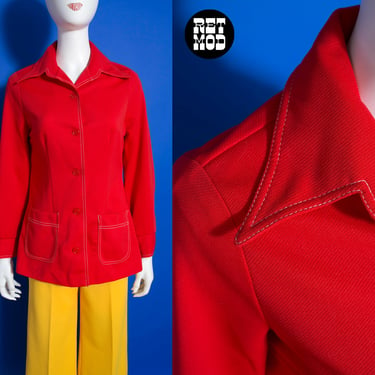 Groovy Vintage 60s 70s Red Long Sleeve Button Down Shirt with Big Dagger Collar and Top-Stitching 