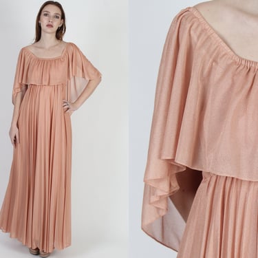 Long Shimmery Copper Grecian Dress, Large Off Shoulder Capelet, Vintage 70s Draped Toga Party Outfit 