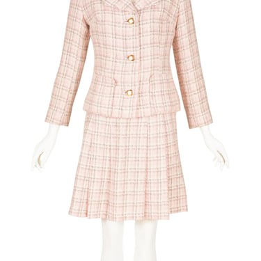 Jean Cacharel 1960s Vintage Baby Pink Plaid Wool Pleated Skirt Suit Sz XS 