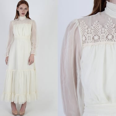 Vintage 70s Ivory Chiffon Wedding Maxi Dress / 1970s Off White Formal Bridal Ceremony / Solid Lace Long Sheer Sleeve Womens Dress 