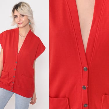 Red Sweatshirt Vest 90s Button Up V Neck Cap Sleeve Vest Slouchy Shirt 1990s Vintage Solid Plain Pocket Shirt Medium M 