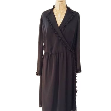 Vintage 70s Black Wrap Dress Ruffled Shawl Collar Long Sleeves 