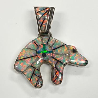 Vintage Opal Inlay Bear Fetish Sterling Silver Pendant Artisan Signed RS 