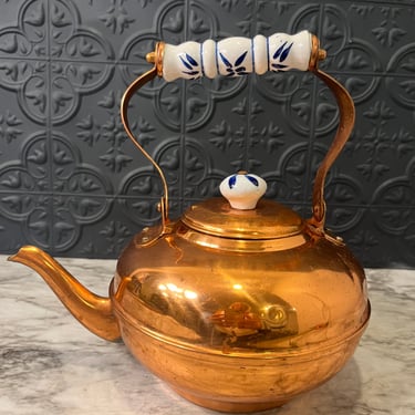 Copper Teapot  with Blue and White Porcelain Handle AS IS
